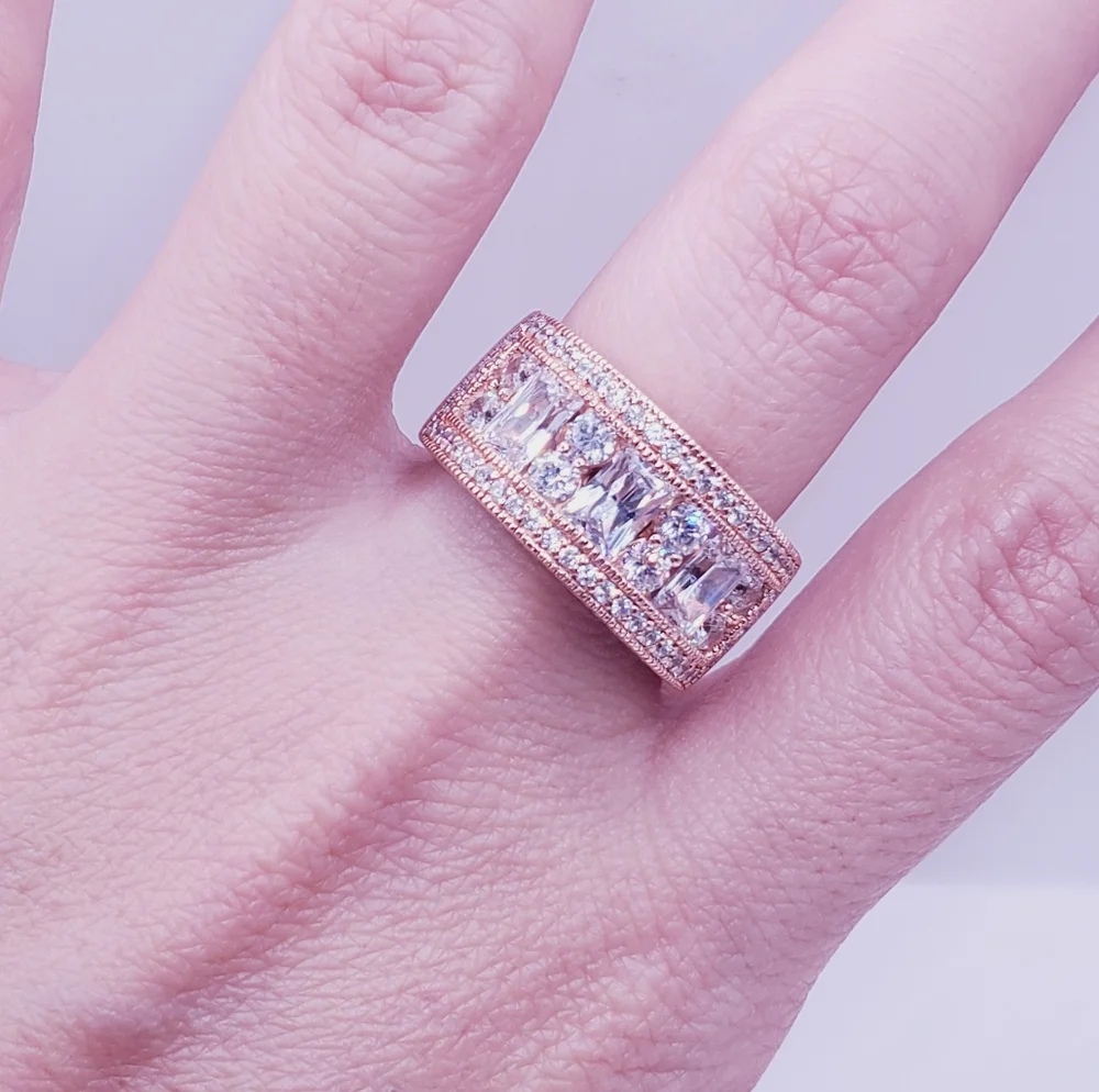 18k Rose Gold - 925 Sterling Silver Diamond Simulants Band Ring